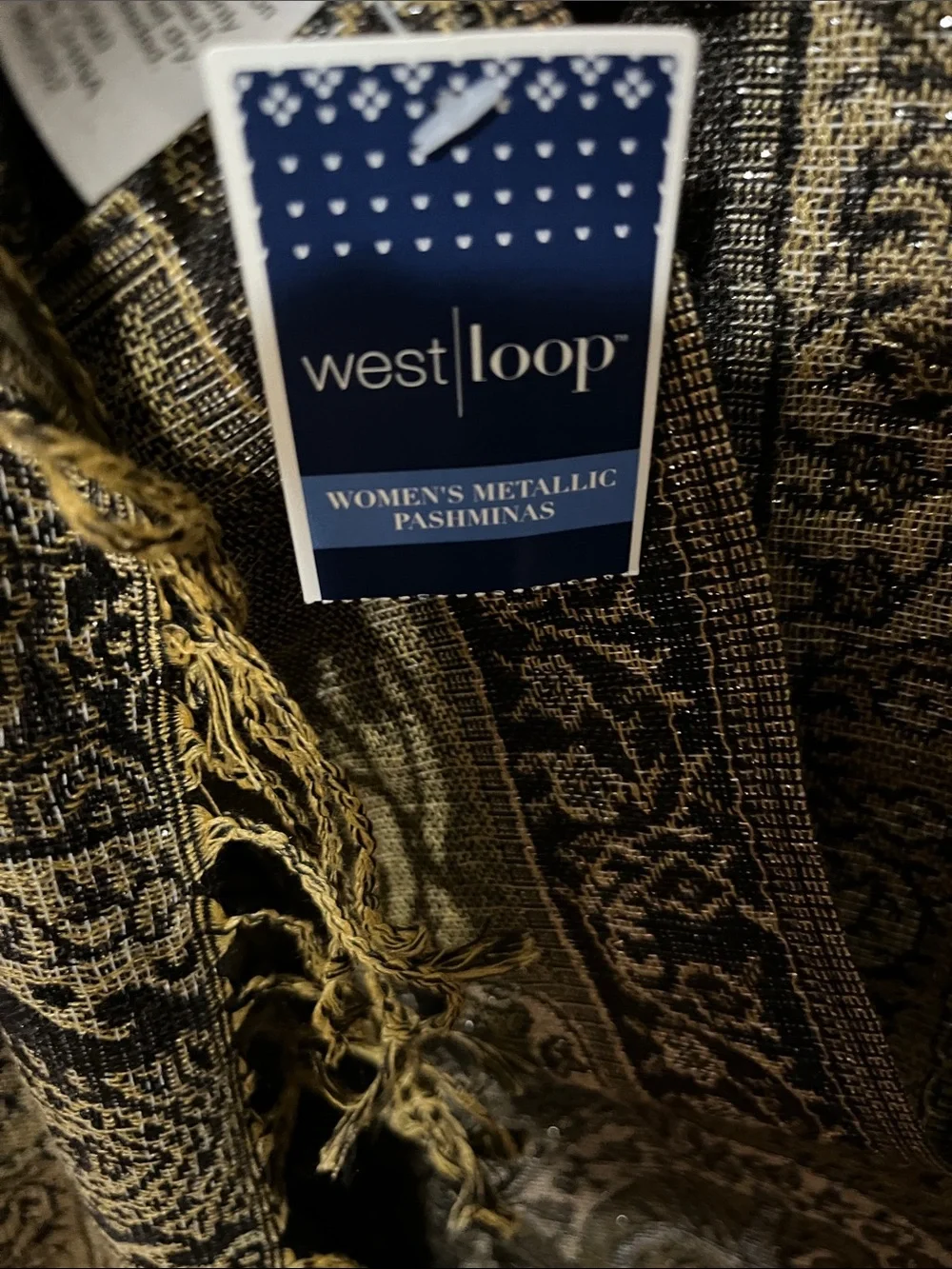 west loop Black and Gold Paisley Fringe Wrap Scarf